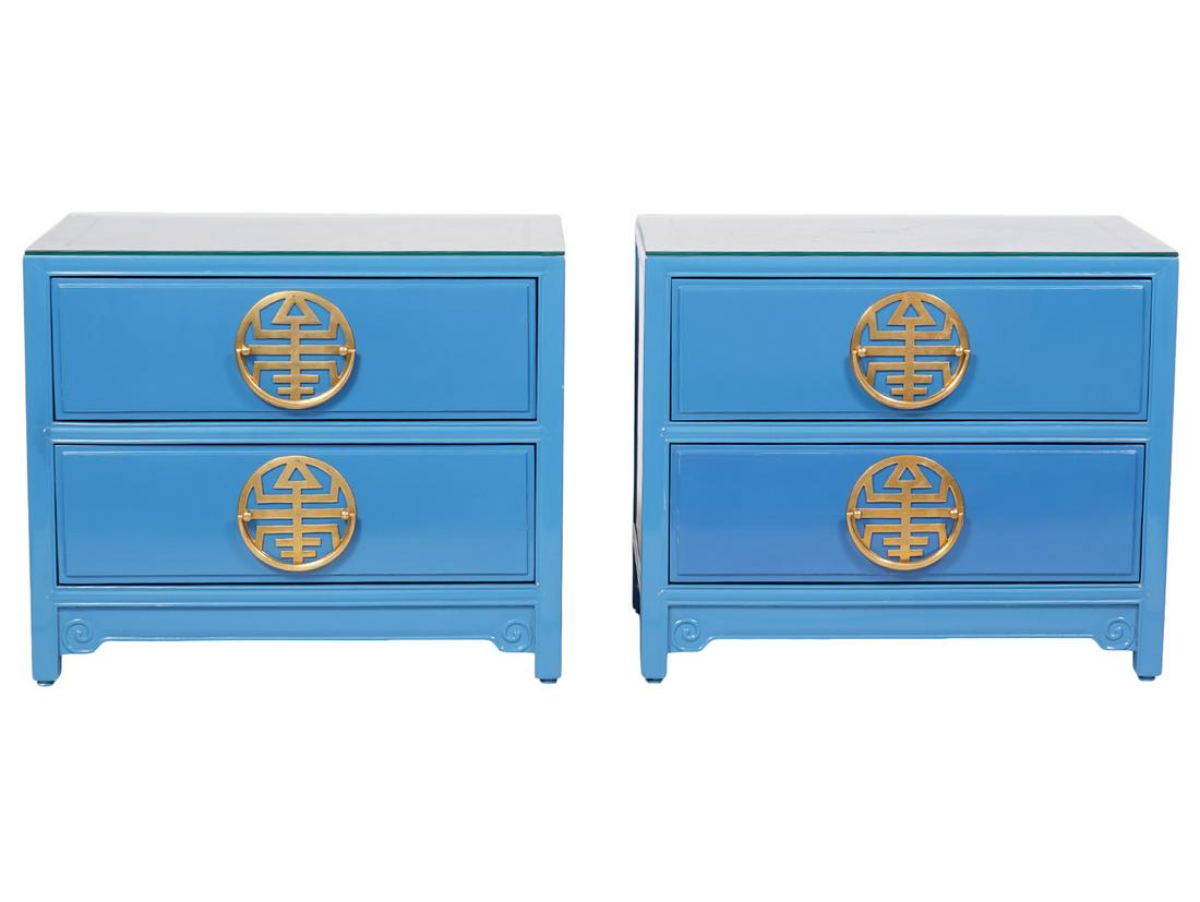 Pr of Blue Lacquered Side Tables w/ Brass Hardware (1 of 7)