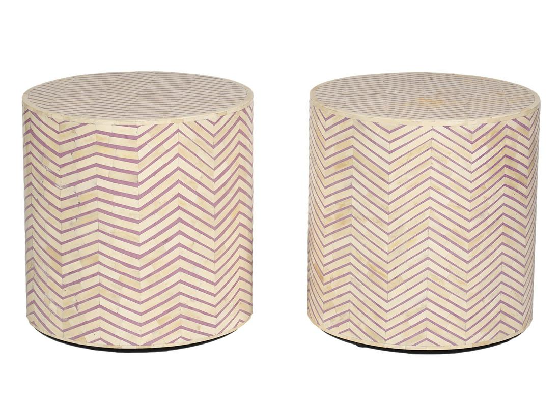 Pr. Horchow Mosaic Bone Drum Tables: Pair of Horchow mosaic bone drum tables in a lilac and cream herringbone pattern. Measures 18.5"H x 18"W. Condition report: good condition, see photos. Contact AAG for more detailed information if nee