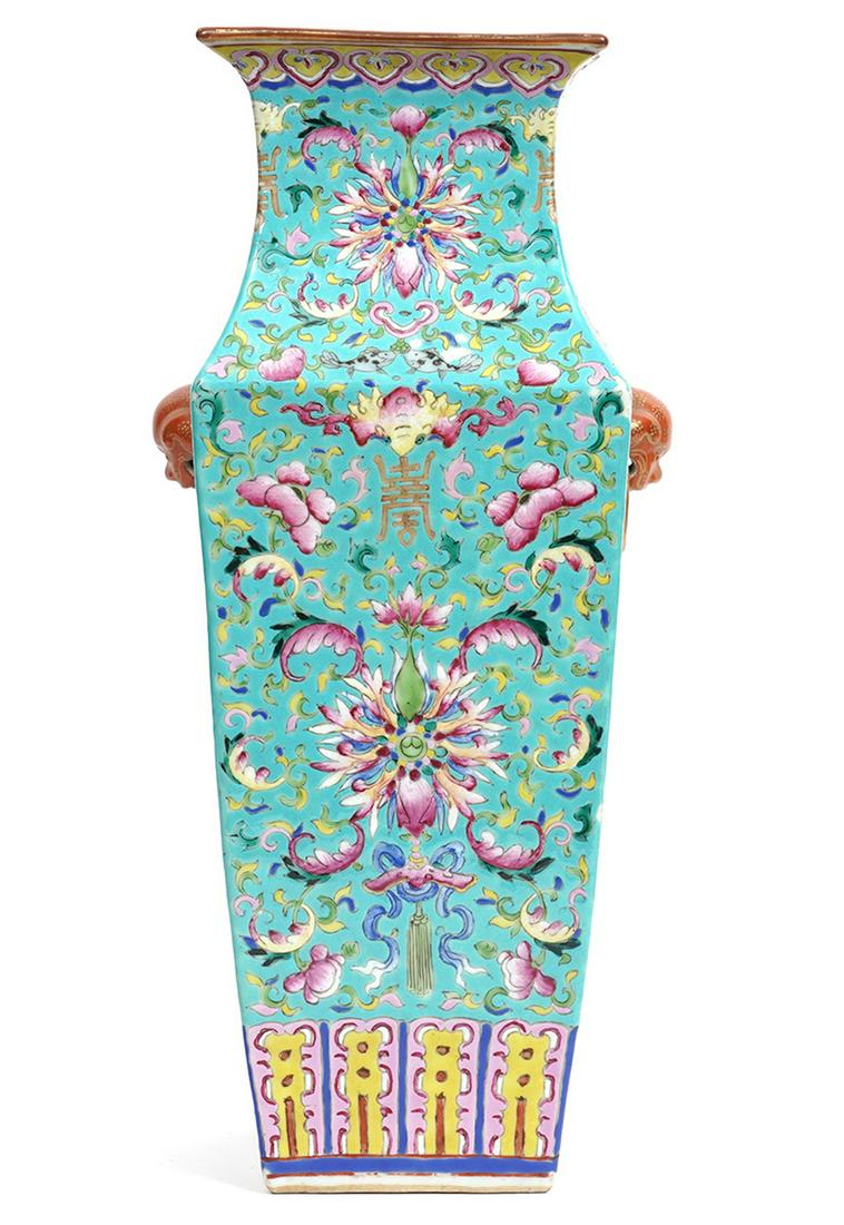 Chinese Porcelain Square Vase Foo Dog Handles (1 of 14)