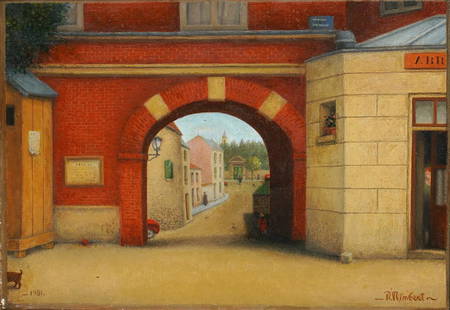 Rene Rimbert Oil Painting 'Entry To Town': Rene Rimbert, French (1896-1991). 'L' Entree De Bourg'. Oil on canvas. 7.5" H x 10.5" W, framed 13.5" x 16.5". Signed and dated 1981. Provenance: Cleveland Museum of Art label on verso. Contact AAG