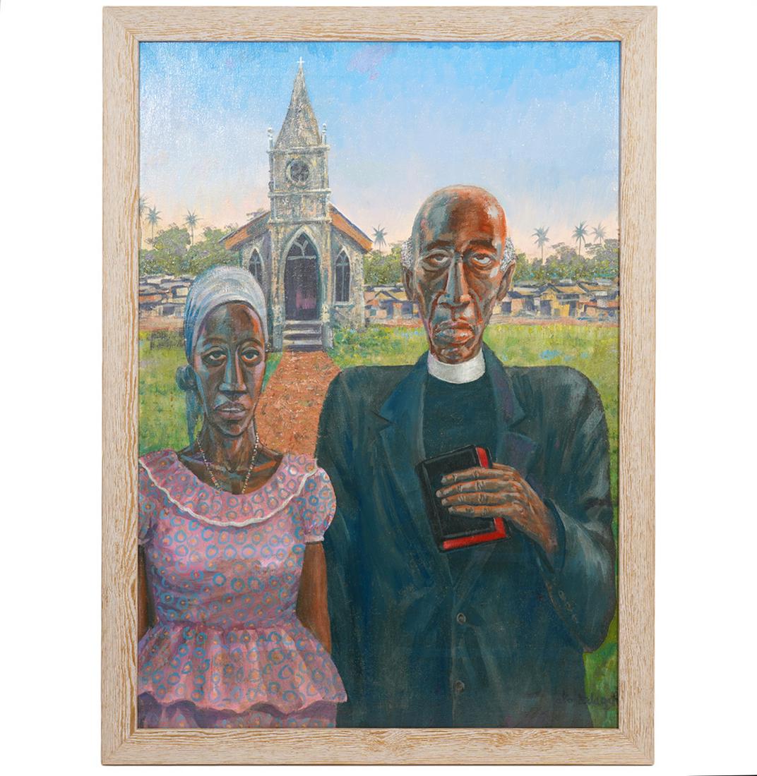 Ato Delaquis 'African Gothik' Acrylic on Canvas: Ato Delaquis, Ghana (Born 1945). A leading artist of the Ghanaian renaissance, acrylic on canvas, signed lower right, titled 'African Gothik' on verso, wood frame. Measures 36.5"H x 26.25"W framed; 33