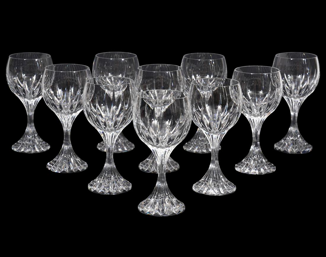 10 Baccarat Massena Red Wine Glasses: 10 Baccarat Massena red wine glasses, clear crystal glass with deep bevel cuts. Measures 6.5"H, marked on bottom. Condition report: good condtion overall, no issues, please see photos. Contact AAG for