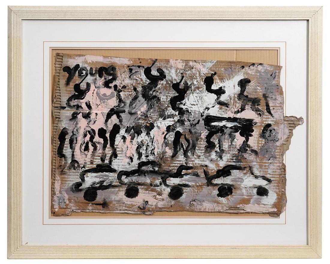 Purvis Young Framed Painting on Cardboard: Purvis Young, American (1943-2010). Painting of characters and vehicles on irregular cardboard, signed upper left and framed. Measures 28.75"H x 34.75"W framed; approx. 17.75"H x 27.75"W unframed. Con