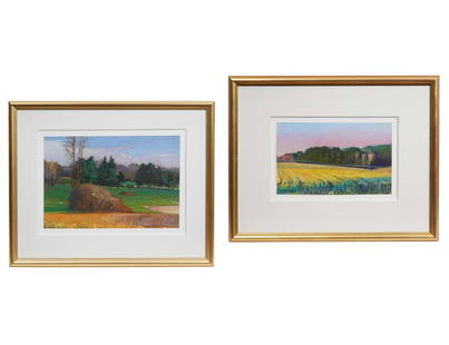 Pair of Charles Basham Pastel Paintings: Charles Basham, American (Born 1953). Two pastel landscape scenes in gilt wood frames, signed lower left. One is titled 'Warm Red Haze'. Measures 20.25"H x 25.25"W framed and 8.5"H x 13.75"W (image) u