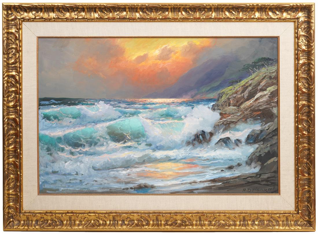 Alexander Dzigurski 'Fiery Sunset' Oil on Canvas: Alexander Dzigurski, Yugoslavia (1911-1995). Oil on canvas 'Fiery Sunset' in carved gilt wood frame, signed lower right. Colorful ocean front sunset and rocky shore. Measures 33.5"H x 45"L framed; 23"