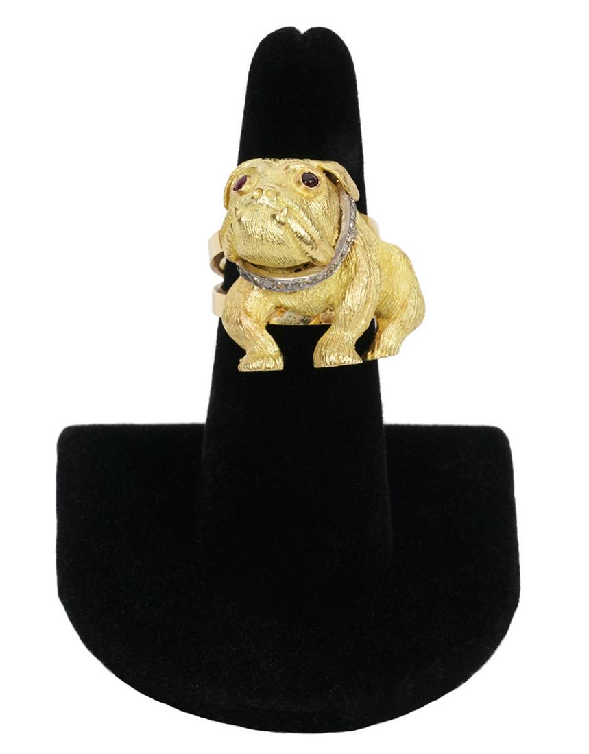 Diamond, Ruby & 18K Textured YG Bulldog Ring (1 of 9)