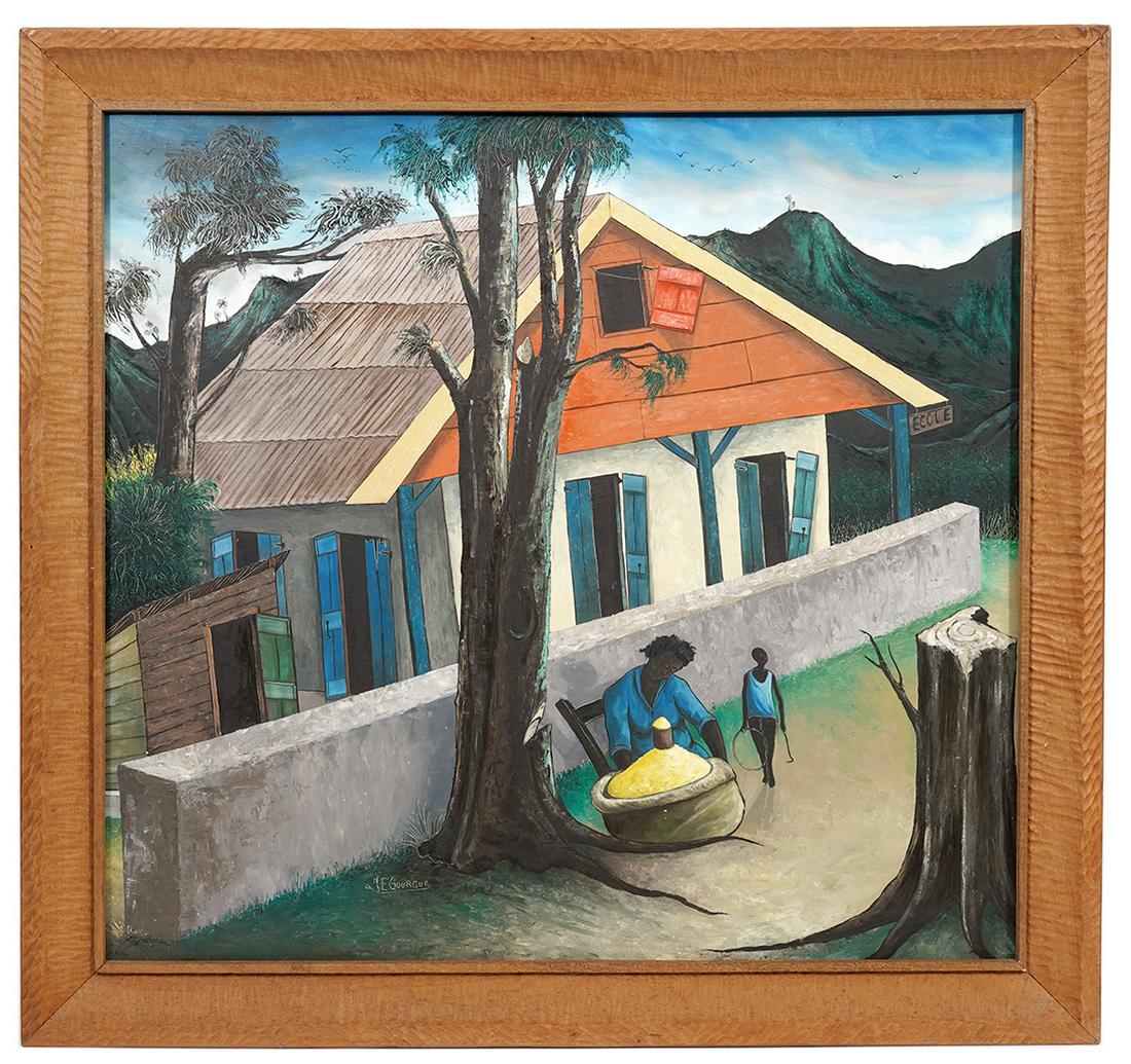 J. E. Gourgue 'Schoolhouse' Haitian Art O/B (1 of 9)