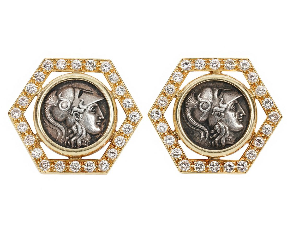 Pr. Silver Coin 18K YG & Diamond Clip Earrings (1 of 8)