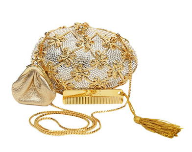 Judith Leiber 'Faberge Egg' Minaudiere Bag: Judith Leiber minaudiÃ¨re bag in the style of a classic Faberge egg,with Swarovski crystal inlaid beadwork, gold ribbon grid details, pearl trim. Detachable gold snake chain shoulder strap (18"L). G