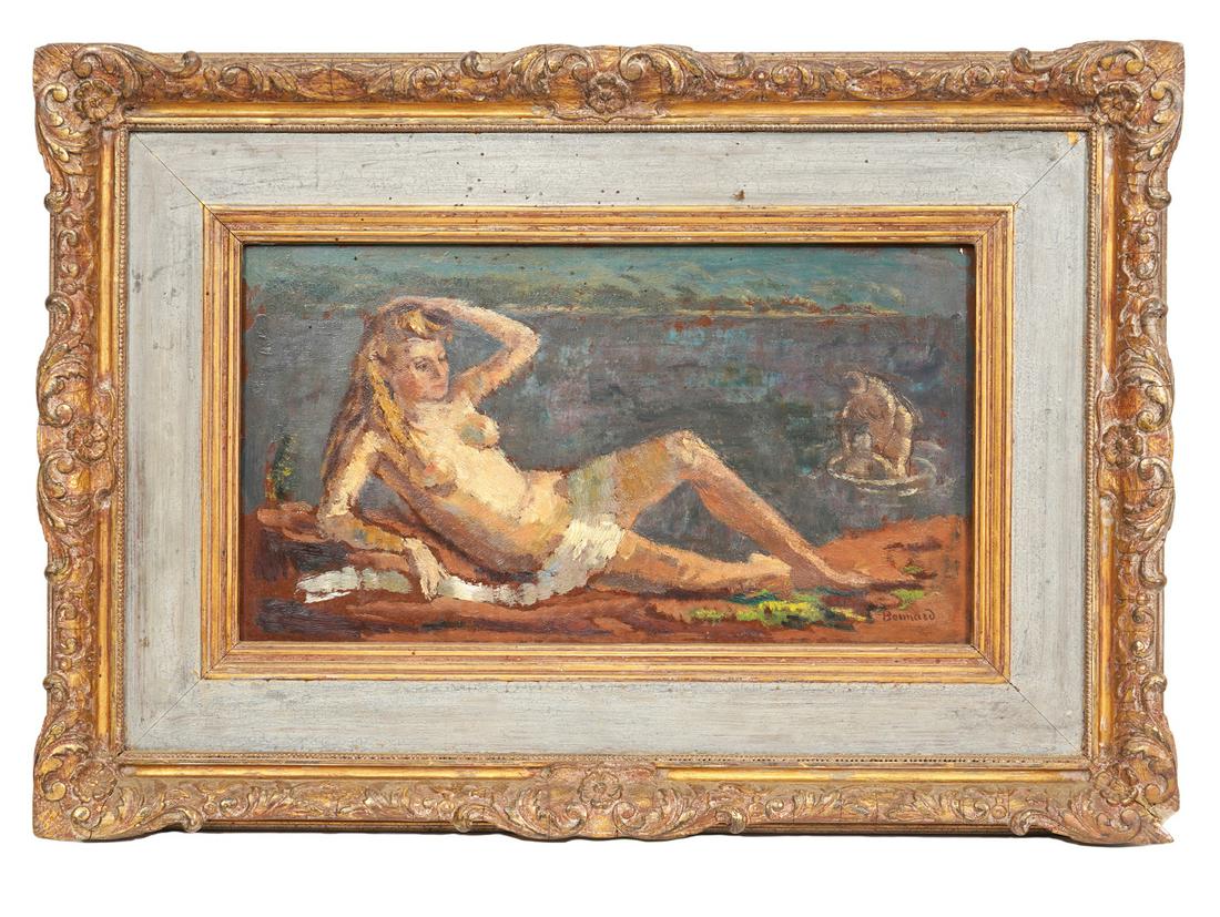 Pierre Bonnard Style Oil on Board Painting: Style of Pierre Bonnard, France (1867-1947). 'Nude Sun Bather', oil on board, signed lower right, carved gilt wood frame. Provenance is a private collection. Measures 16.5"H x 23.75"W framed; 8.5"H x 