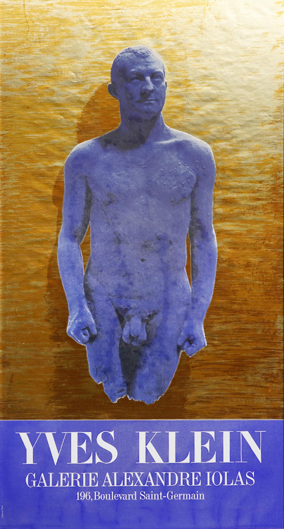Yves Klein Collage Galerie Poster of Henry Moore: Yves Klein, France (1928-1962). Collage poster of Henry Moore for Galerie Alexandre Iolas, 196 Boulevard Saint-Germain. Nude male figure in shades of blue on metallic gold and copper background, mount