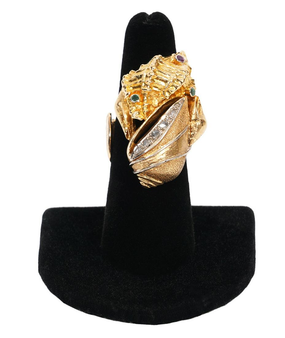 Diamond, Emerald & Ruby 14K YG Shell Design Ring (1 of 8)