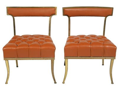 Pr. William 'Billy' Haines Klismos Slipper Chairs: William 'Billy' Haines, American (1900-1973). Pair of Haines Klismos Hollywood Regency chairs crafted of solid brass with burnished copper colored tufted leather seats and small padded back rests.