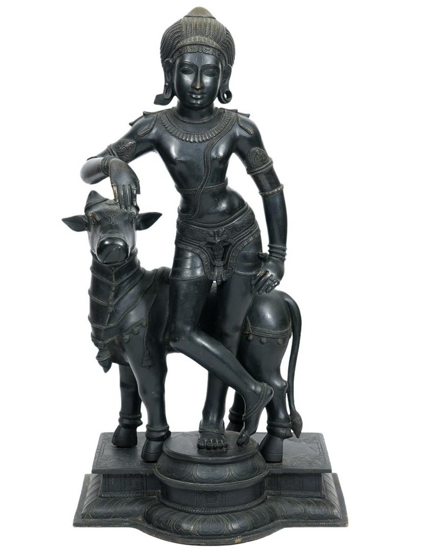 Indian Krishna Bronze Figure with Cow 19/20th C. (1 of 13)