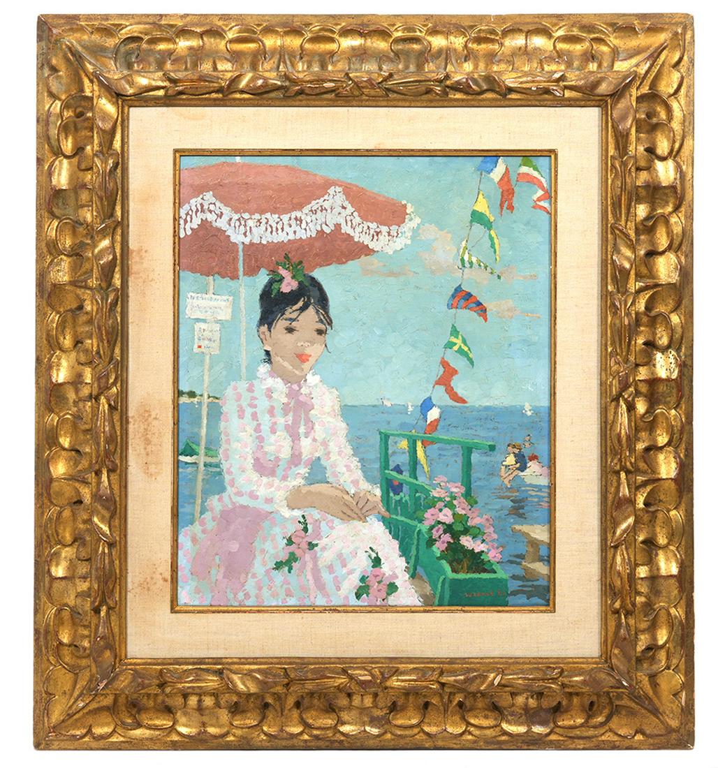 Suzanne Eisendieck 'Fete de Fin Saison' Painting: Suzanne Eisendeck, Germany (106-1998). Oil on canvas signed lower right and mounted in carved gilt wood frame. Titled on verso 'Fete de Fin Saison'. Measures 29"H x 26"W framed; 17.5"H x 14.5"W visual