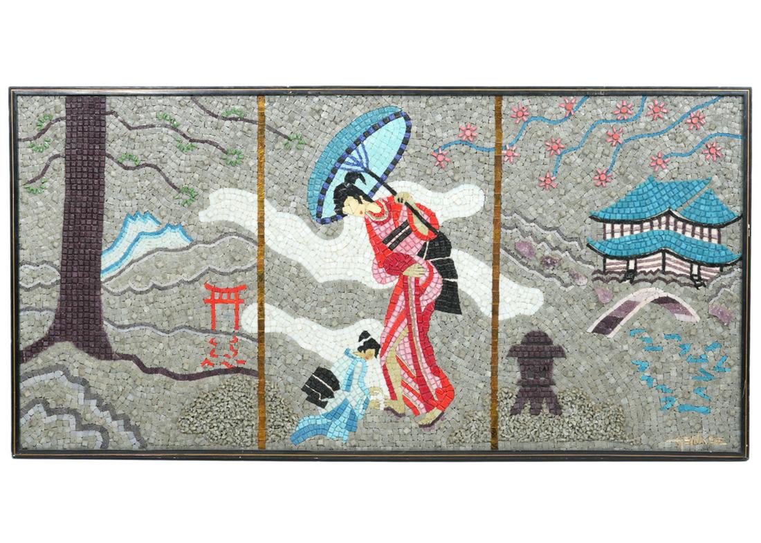 Genaro Alvarez Mosiac Wall Art: Genaro Alvarez, Mexico, 20th C. Mosaic wall art with dimensional relief glass tiles and tesserae, figural and landscape Zen garden Asian scene, signed lower right. On verso 'Hand Made in Mexico' and n