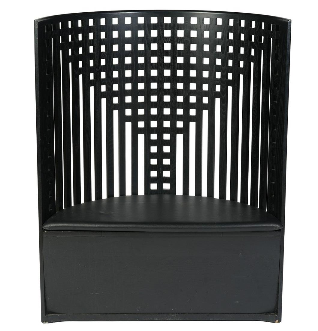 Willow Chair Attrb to Charles Rennie Mackintosh: Willow Chair attributed to designer, Charles Rennie Mackintosh (Scotland1868-1928). Originally created for the Willow Tea Room in Scotland. Handcrafted demi-lune shape, curved lattice back with vertic