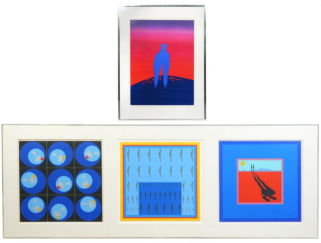 Ernest Trova Serigraph & Triptych Serigraph: Ernest Trova, American (1927-2009). Single serigraph in chrome frame, lower left 'E.A', lower right 'FOLO IV. Marquet Paris'. Measures 37"H x 27.25"W framed; 27"H x 19.75"W visual. Condition report: d