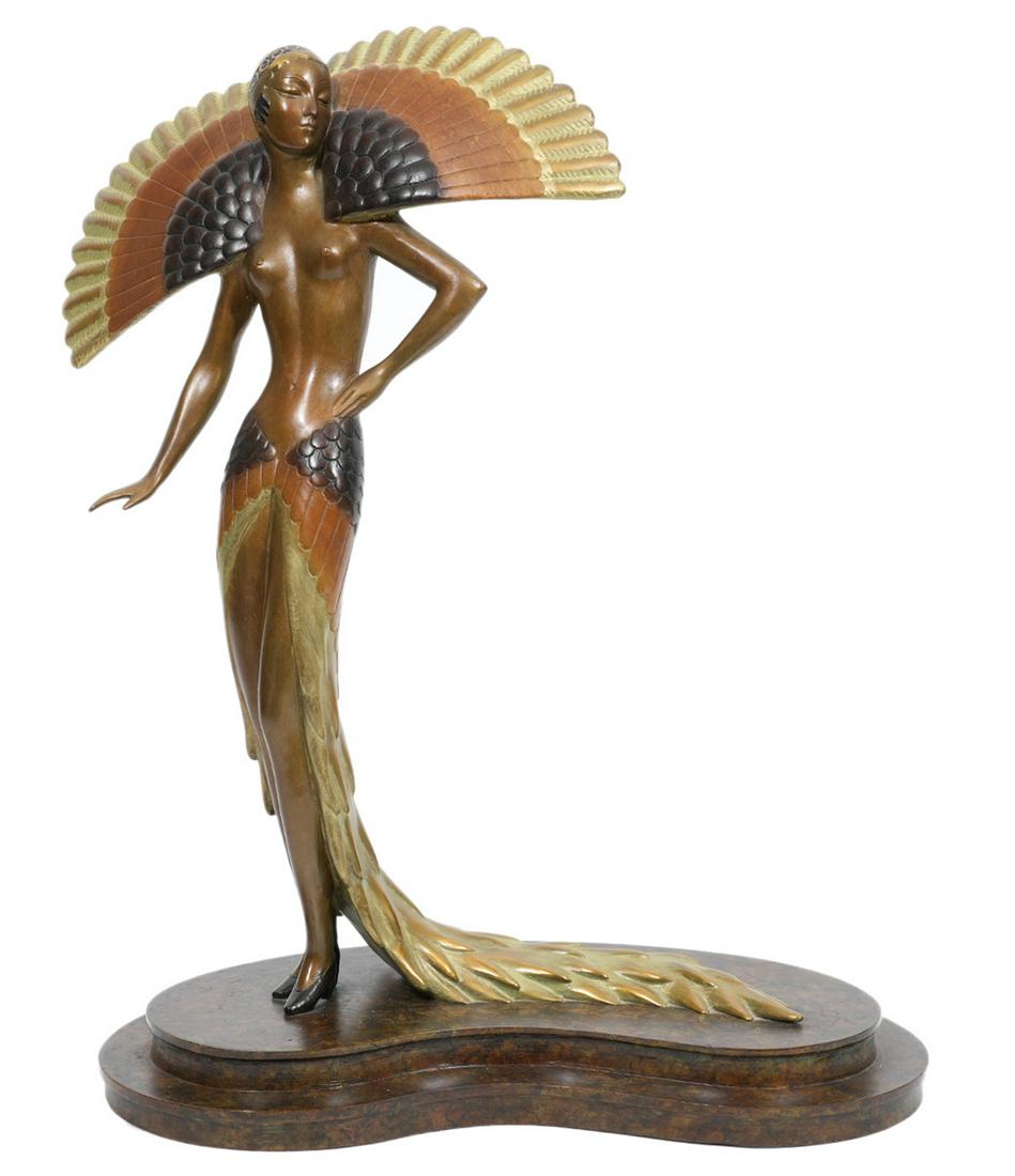 Erte Bronze Art Deco Figurine of 'Ibis': Romain de Tirtoff (Erte), Russia (1892-1990) Bronze figurine of 'Ibis' on pedestal base. Nude woman in feather costume. Signed on base and numbered 290/300. Measures 16"H x 11.75"L. Condition is good,