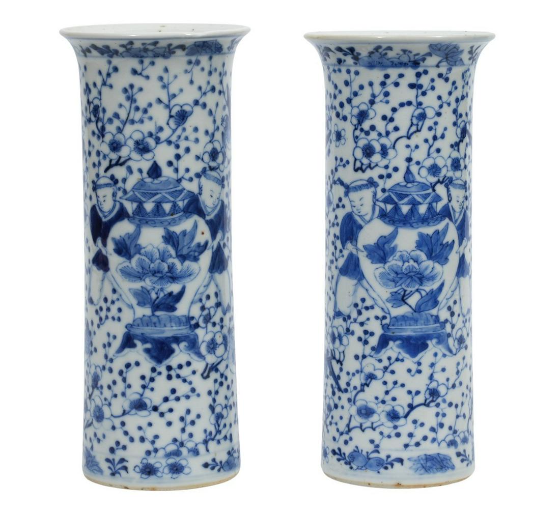 Pr. Chinese Blue and White Cylinder Vases (1 of 7)