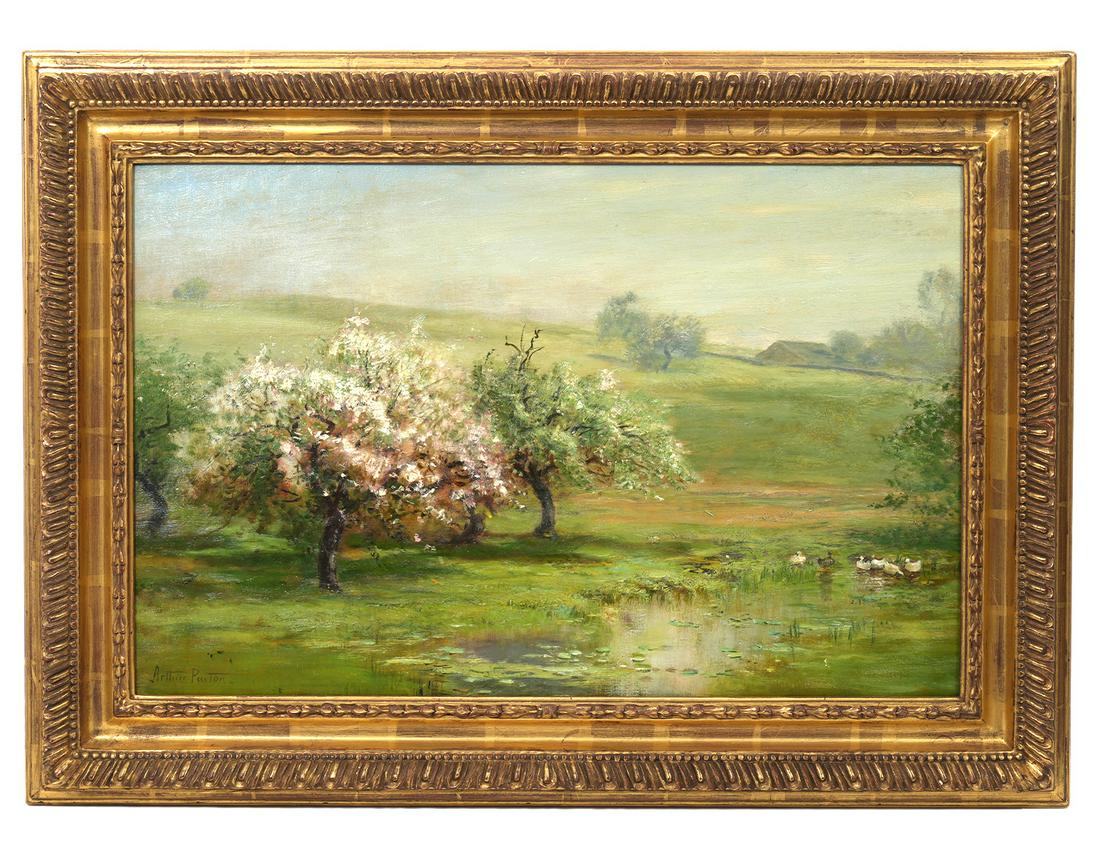 Arthur Parton Oil Painting -Spanierman Galleries: Arthur Parton, American (1842-1914). 'Blossoming Trees'. Oil on canvas, signed lower left. 17" H x 26" W, framed 23" x 32.5". Purchased in 2006 for $25,500 from Spanierman Galleries. Gallery label ver
