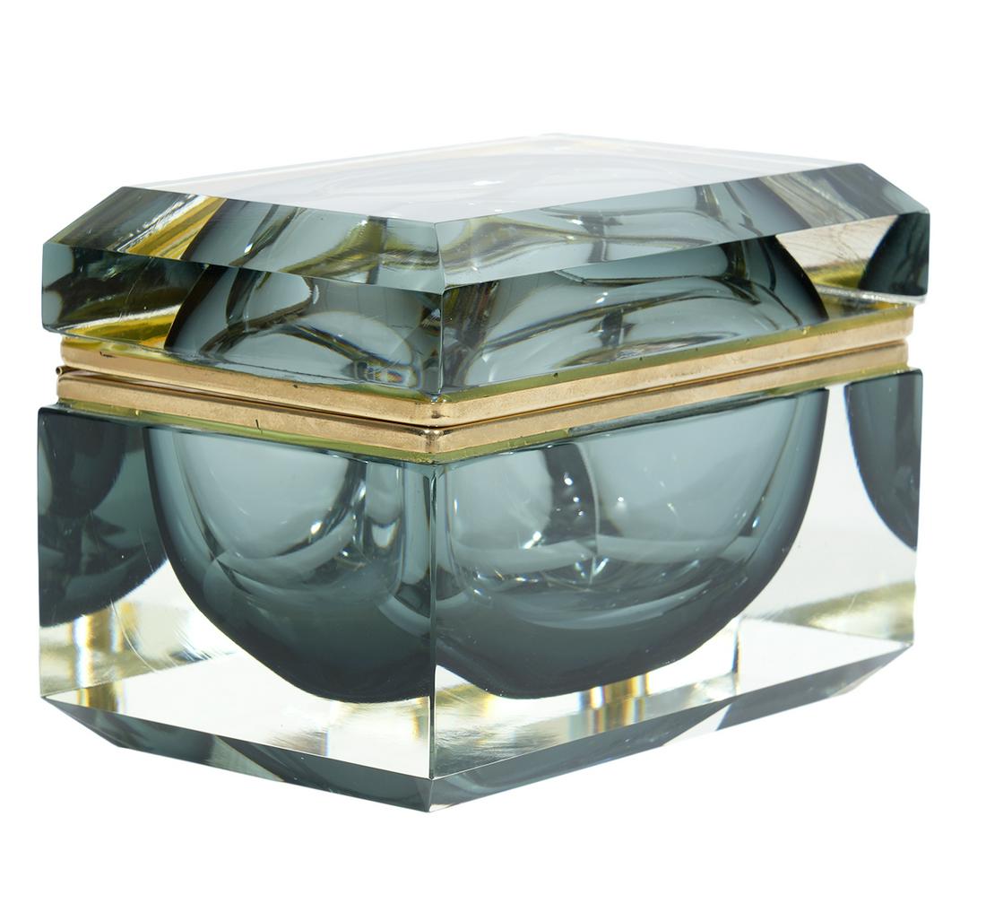 GSE Ottone Galvanizzato Murano Art Glass Casket: Ottone Galvanizzato Murano art glass casket with smoky dark interior, hinged lid and beveled edges. 24 carat gold plated banded rims with 'GSE Ottone Galvanizzato ORO K.24' on side band. Measures 7 1/