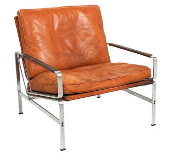 Fabricius & Kastholm Mid-Century Chair for Kill: Scandinavian vintage arm chair #PF 6720 by Preben Fabricius & Jorgen Kastholm for Kill International, circa 1960's, in rust leather with steel frame. Back measures 29"H x 25.75"W; arm to arm 29.25"W;