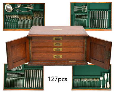 William Clark Sterling Scottish 127 Pc. Flatware: William Clarke Shaw, Scotland (1803-1883) Rococo flatware set includes 18 dinner knives (9.75"); 24 dinner forks (8.25"); 18 luncheon forks (7"L); 18 luncheon knives (8.75"); 18 dessert spoons (5.5");