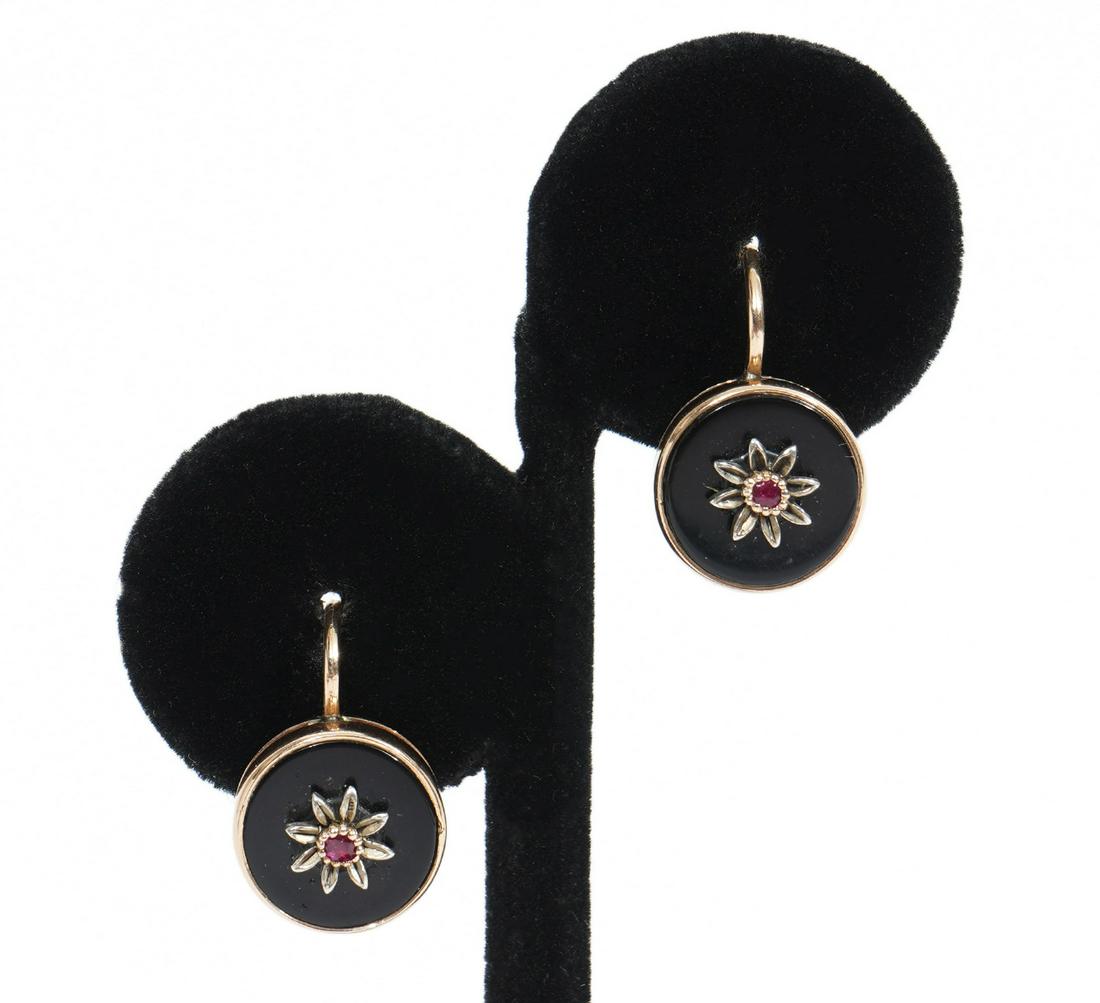 Pr. Ruby & Onyx Pierced Earrings in 14K YG & WG (1 of 5)