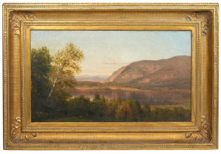 Thomas Worthington Whittredge Landscape Painting: Thomas Worthington Whittredge, American (1820-1910). Hudson River School Artist landscape painting, oil on canvas. Signed lower left, mounted in carved gilt wood frame. Landscape scene of wooded area