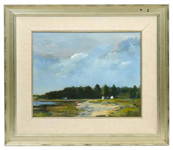 Anne Packard 'Waterfront Cape Cod' Oil Painting: Anne Packard, American (Born 1933). Oil on canvas of waterfront scene in Cape Cod, signed lower left and mounted in silver tone frame. Measures 25"H x 29"W framed; 16"H x 20"W unframed. Condition repo