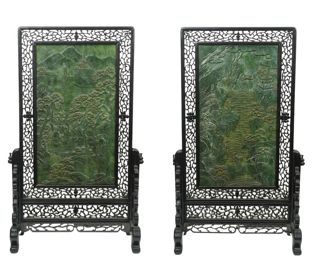 2 Chinese Carved Spinach Jade Table Screens (1 of 20)