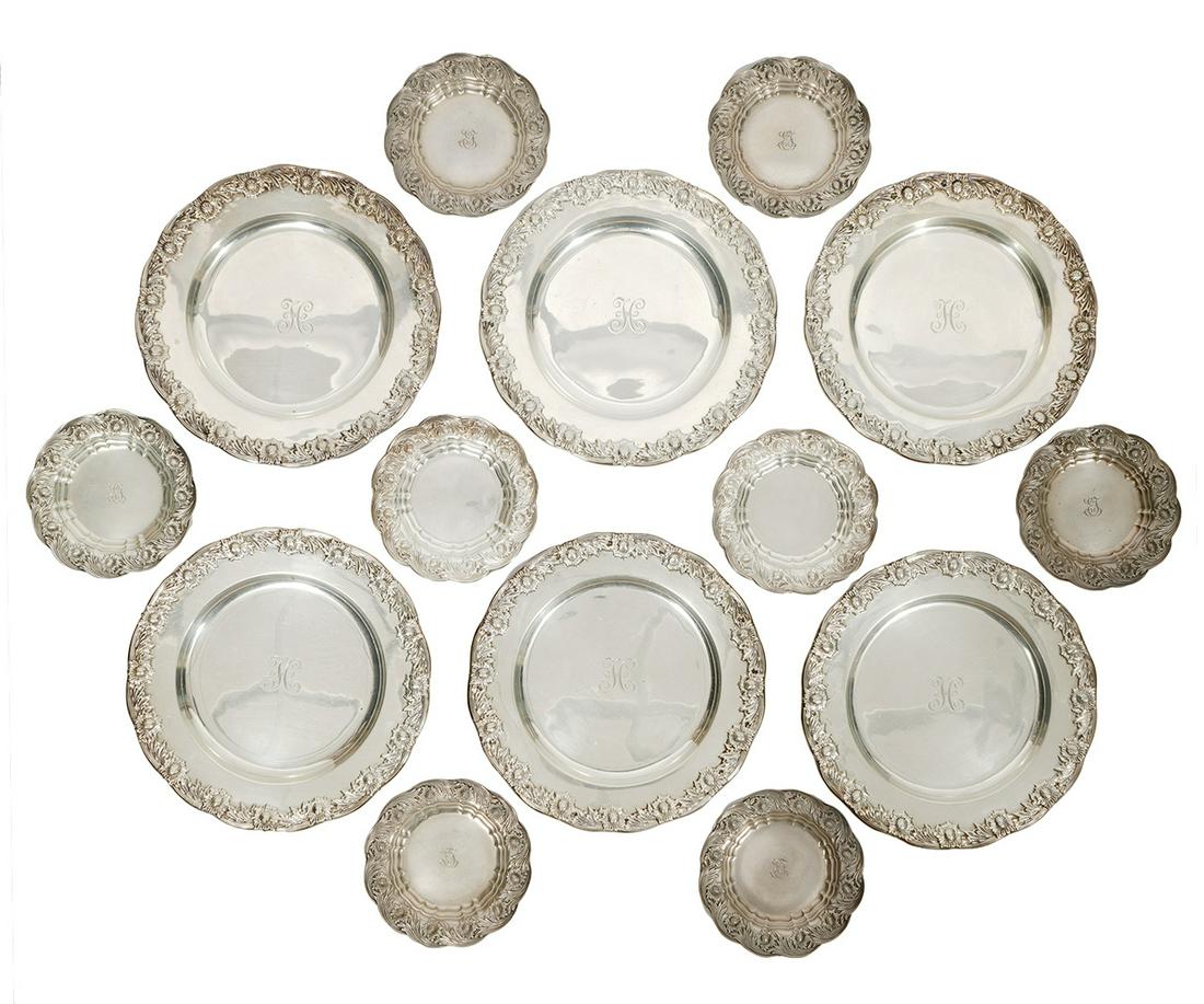 Tiffany Chrysanthemum Sterling Butter Pats/Plates: 8 Tiffany & Co. Chrysanthemum sterling butter pats with scalloped rims. Marked on underside - Tiffany & Co. 7228 MAKERS 9079, 7228 M 4600 (on 5), 7228 M 9008, 7228 M 9978, Sterling Silver 925-1000. To