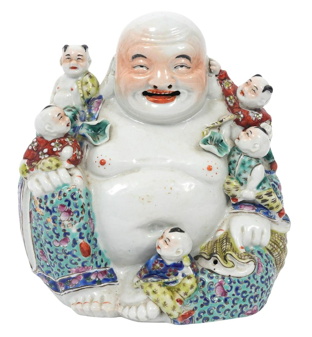 Chinese Porcelain Laughing Buddha with 5 Children (1 of 7)
