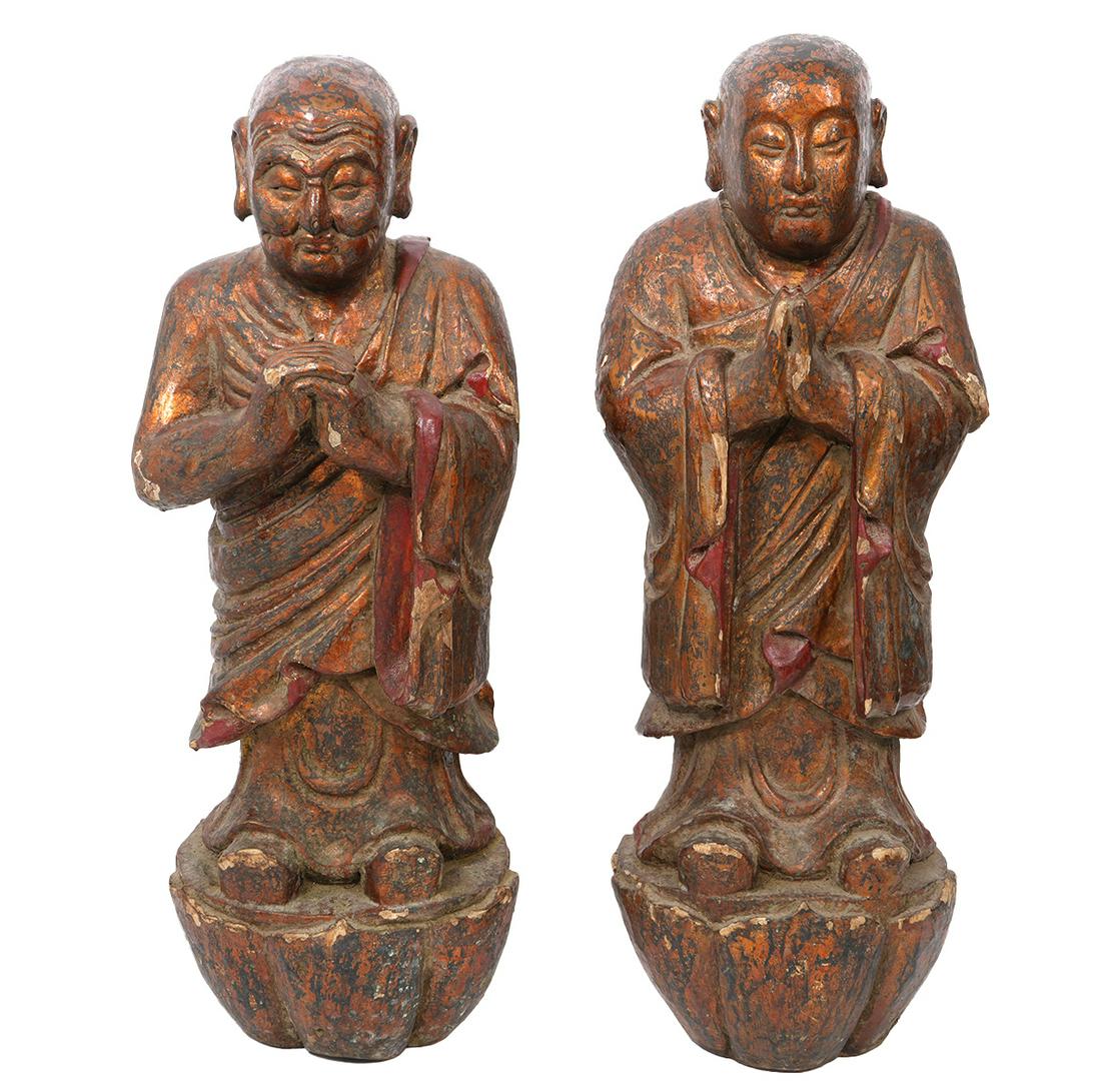 2 Chinese Carved Wood Praying Lohan Monk Statues (1 of 12)
