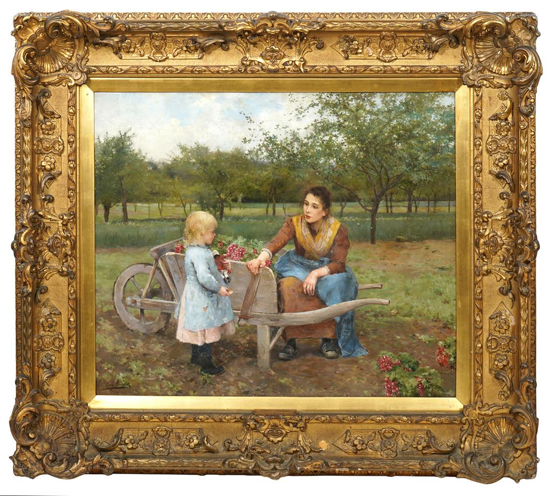 Luis Jimenez Aranda Genre Scene Oil Painting: Luis Jimenez Aranda, Spain/France (1845-1928). Oil painting in carved wood gilt frame features a genre scene of mother and child in a field, costumbrista style, signed lower left Louis Jimenez 'Pontoi