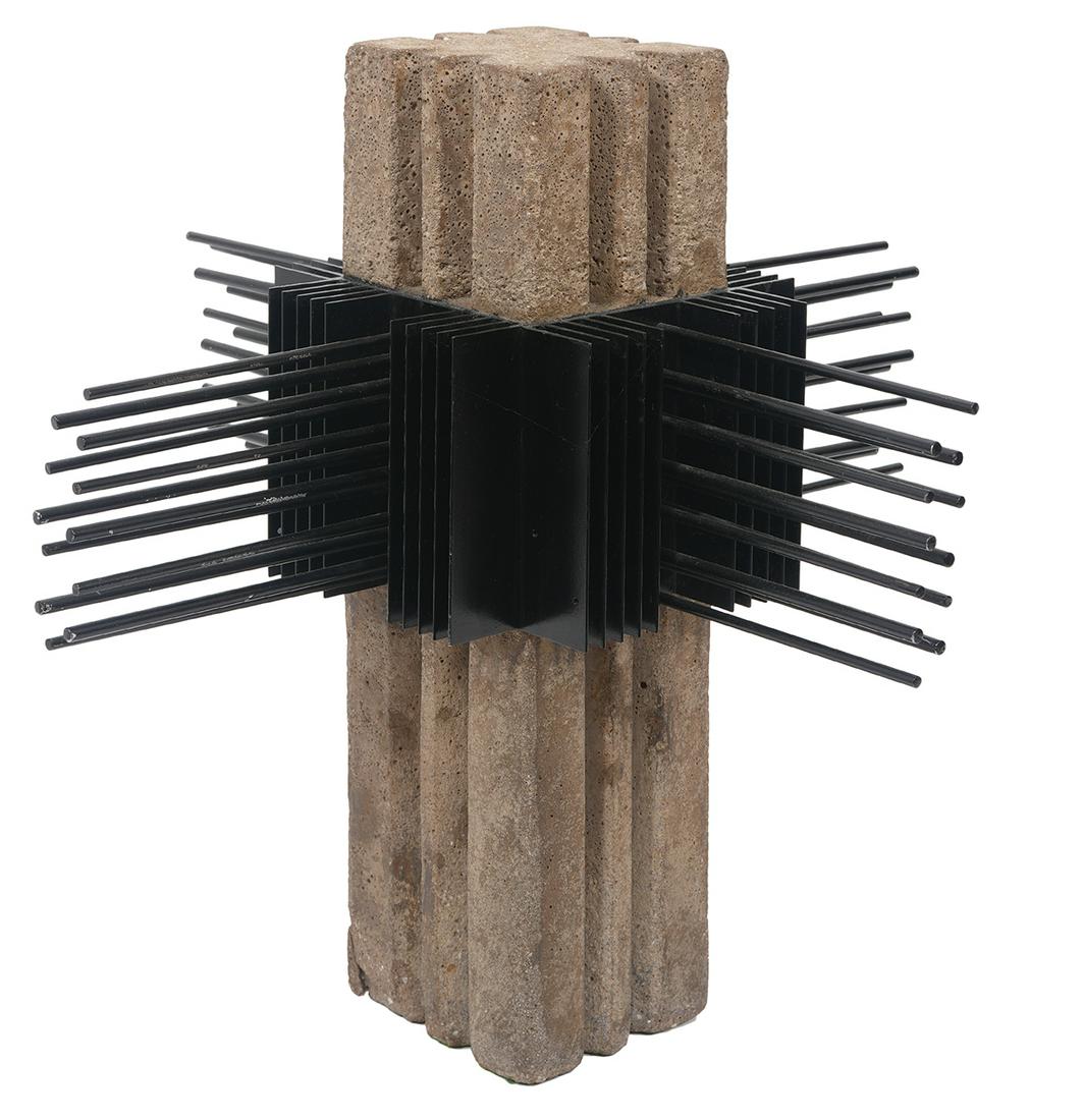 De Los Heros 1983 Brutalist Concrete Sculpture: De Los Heros 1983 brutalist table sculpture in concrete and steel. Vertical ribbed body is concrete with black steel horizontal rods attached to all 4 sides. Measures 13.75"H x 15"W. Condition report: