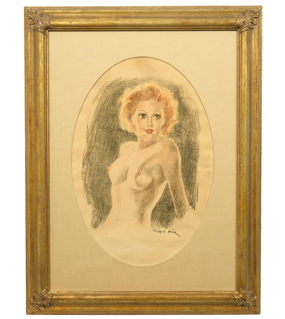 Pal Fried Pastel & Charcoal Nude Drawing: Pal Fried, Hungary (1893-1976). Oval drawing of nude woman from waist up in pastels with charcoal. Mounted in gilt wood frame and signed lower right. Always signed his name the European way, last name