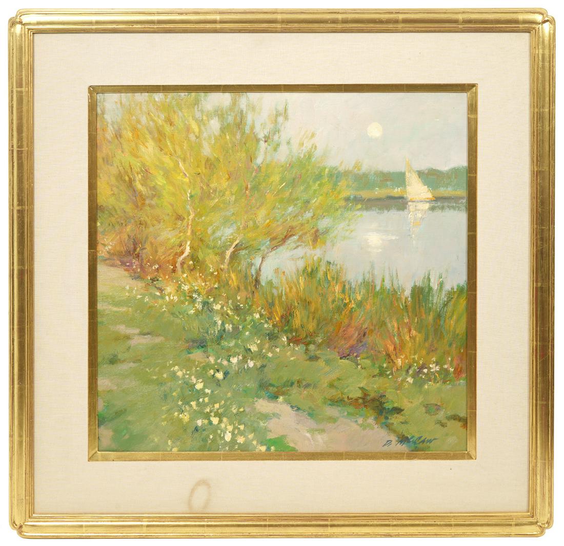Dan McCaw 'Moonlight Sail' Oil on Canvas Painting: Dan McCaw, American (Born 1942). 'Moonlight Sail' oil on canvas by Dan McCaw, signed lower right. Mounted in gilt wood frame. Measures 28.5"H x 28.5"W framed; 20"H x 20"W unframed. Condition report: c