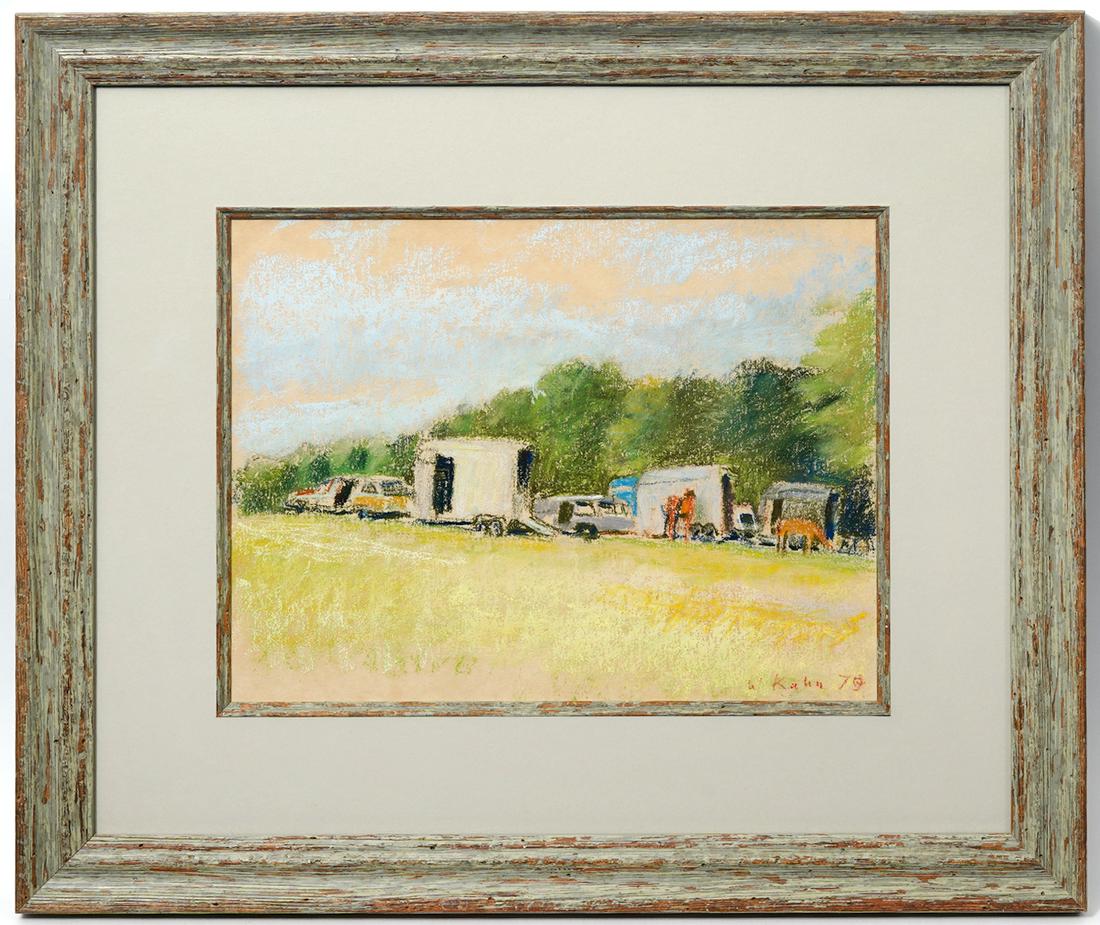 Wolf Kahn Pastel Painting 'Horse Trailers' 1979: Wolf Kahn, German/American (1927-2020). 'Horse Trailers' pastel on paper signed and dated lower right, '79. Mounted in wood frame with matting and inner frame. Measures 18.5"H x 21.25"W framed; 10"H x