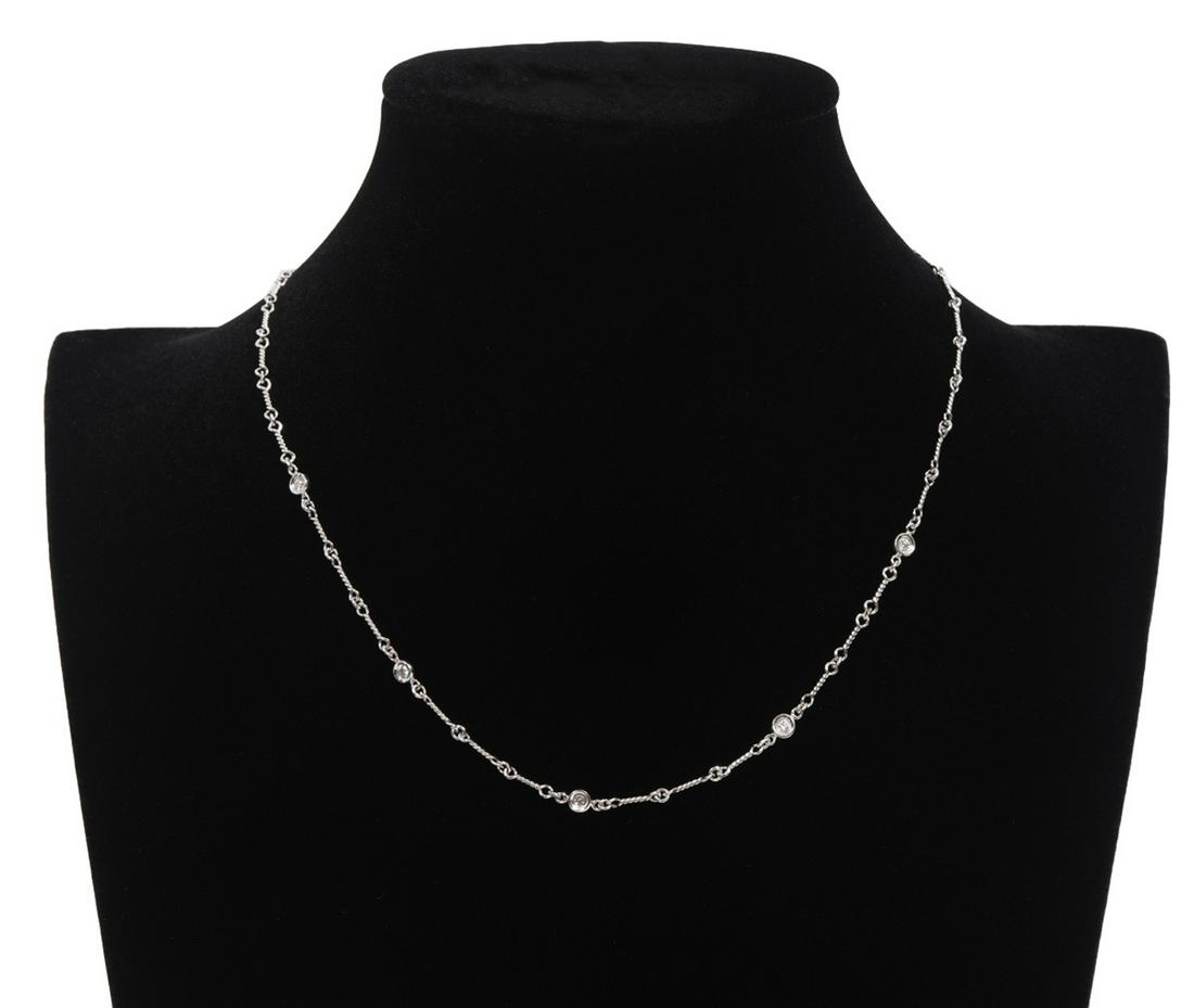 Roberto Coin 'Diamonds by the Inch' Necklace: Roberto Coin 18K white gold and diamond 'Dog Bone' Necklace. Part of the 'Diamond by the Inch' collection with classic hidden ruby signature, showcasing a 16" fancy link accented with 5 bezel set diam