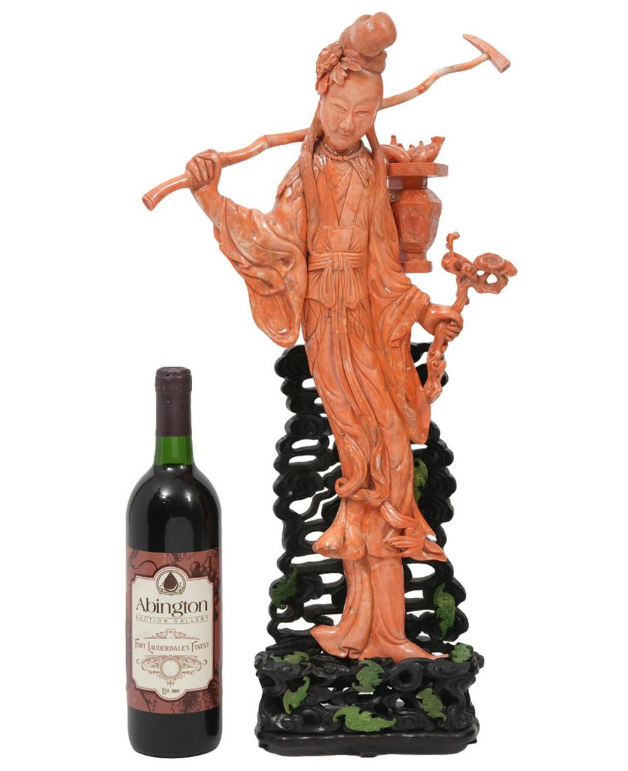 Chinese Carved Coral Figure & Stand - 2740 grams (1 of 15)