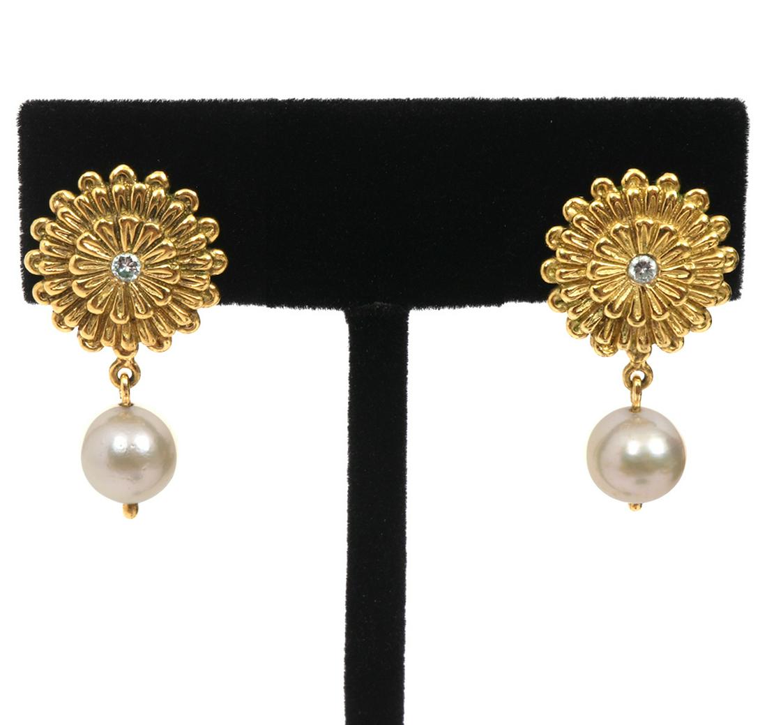 Pr. Seidengang 18K YG Pearl & Diamond Earrings (1 of 4)