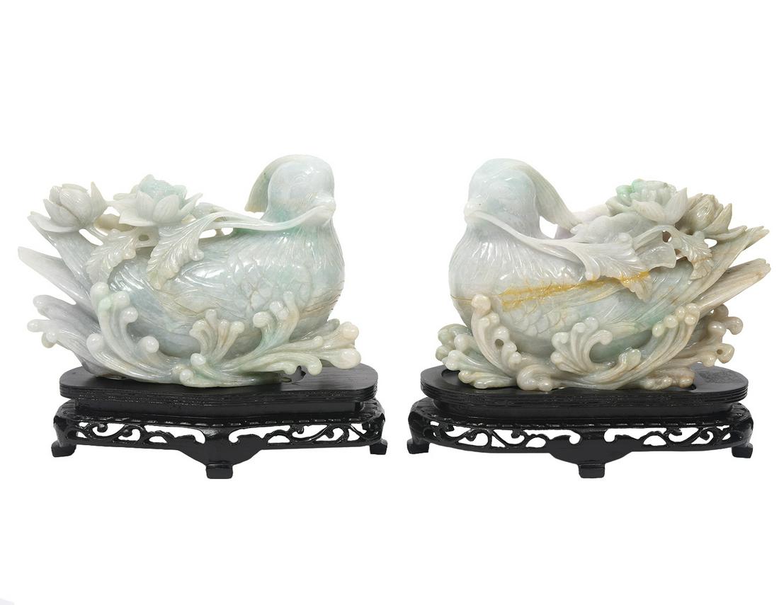 Pr. Chinese Carved Jade Birds on Plinths (1 of 12)