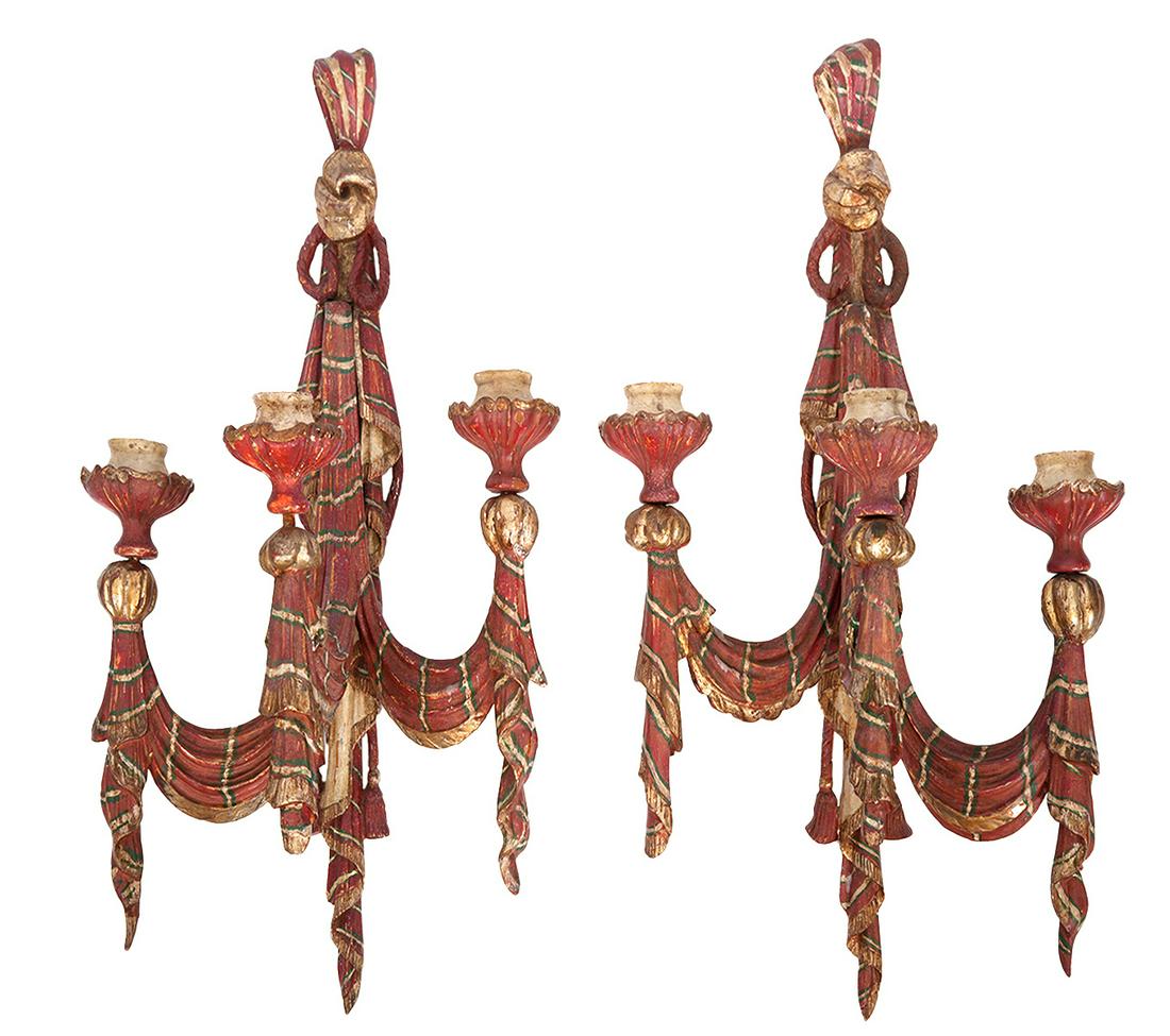 Pr. Carved and Painted Wood Wall Sconces (1 of 11)