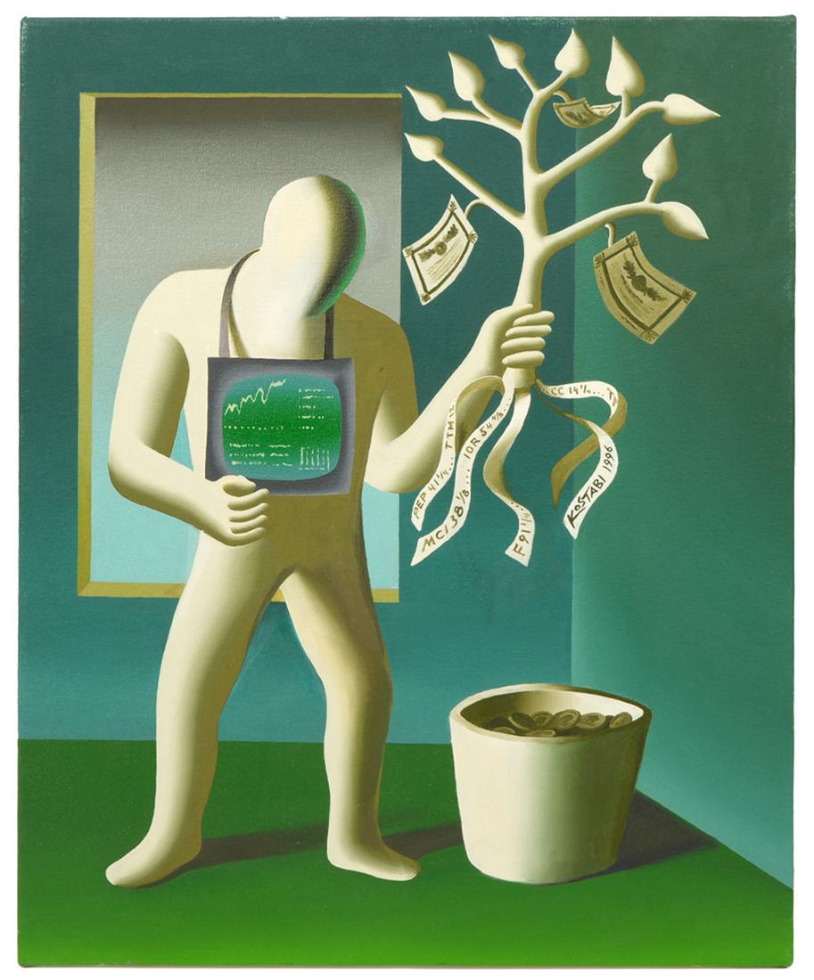 Mark Kostabi 'Green Thumb' Original Oil Painting: Mark Kostabi, American (Born 1960). 'Green Thumb', 1996. Oil on canvas painting, signed in the tree and on verso. Measures 30"H x 24"W unframed. Condition report: good condition, some minor scuffs, pl