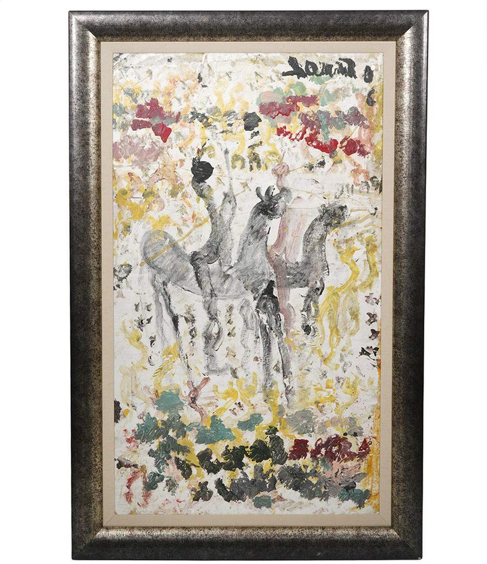 Purvis Young Painting Mixed Media on Board: Purvis Young, American (1943-2010). Mixed media on board mounted in decorative frame. Measures 49.75"H x 31.5"W framed; 42"H x 24"W visual. Condition report: good condition, no issues, please see all 