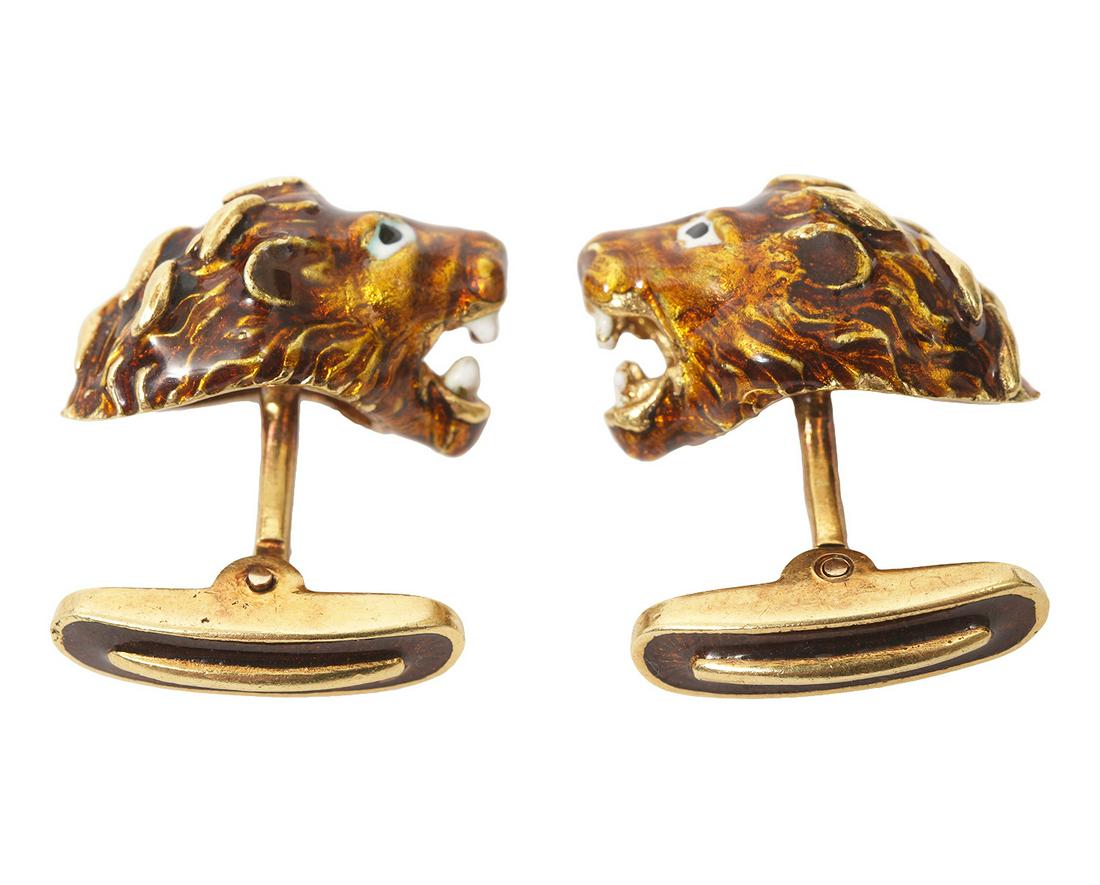 Pair of 18K YG and Enamel Lion Head Cufflinks (1 of 6)