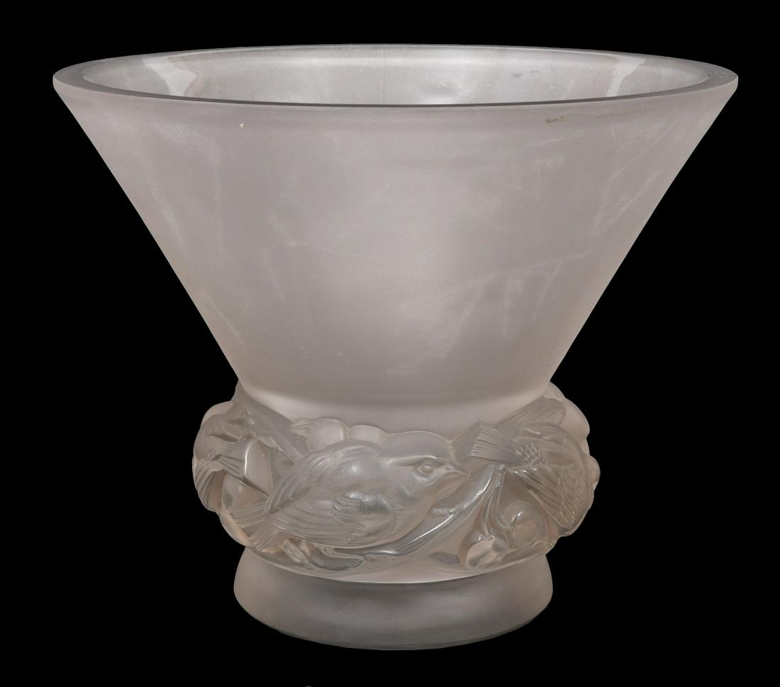 Rene Lalique Glass 'Pinsons' Vase: Rene Lalique 'Pinsons' frosted and clear crystal vase. Marked on underside. Measures 7 1/4"H x 9 1/8"W. Condition report: minor wear, please see all photos. Contact AAG for more detailed information i