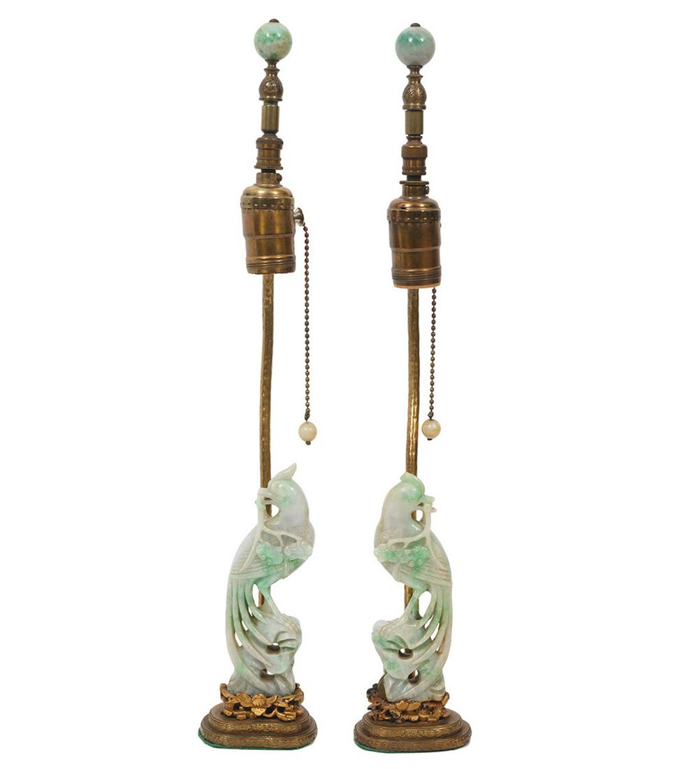 Pr. Chinese Carved Jade Pheasant Lamps (1 of 10)